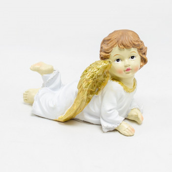 Anjo branco deitado com asas douradas com 11.5 cms