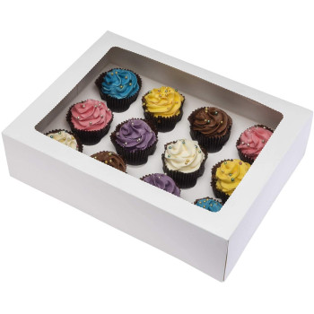 Caixa cartolina branca com berço para 12 cupcakes com 33x25.4 cm com janela