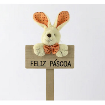 Placa com coelhinho e dizeres Feliz Páscoa