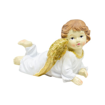 Anjo branco deitado com asas douradas com 11.5 cm
