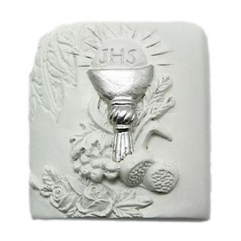 Placa com cálice prata e uvas comunhão
